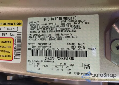 2017 Ford Fusion Se z USA, uszkodzony, nr VIN 3FA6P0H73HR351588